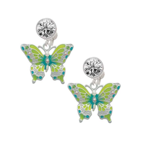 Silvertone Large Lime Green & Blue Butterfly Clear Crystal Clip On Earrings