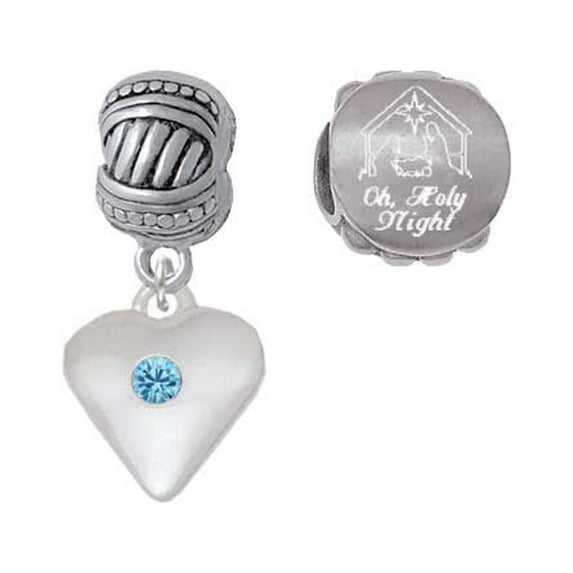 Silvertone Large March - Hot Blue Crystal Heart Come Let us Adore Him Charm Beads (Set of 2)