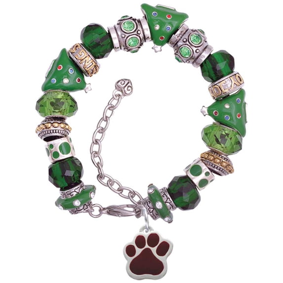 Silvertone Large Maroon Paw Green Christmas Bead Bracelet