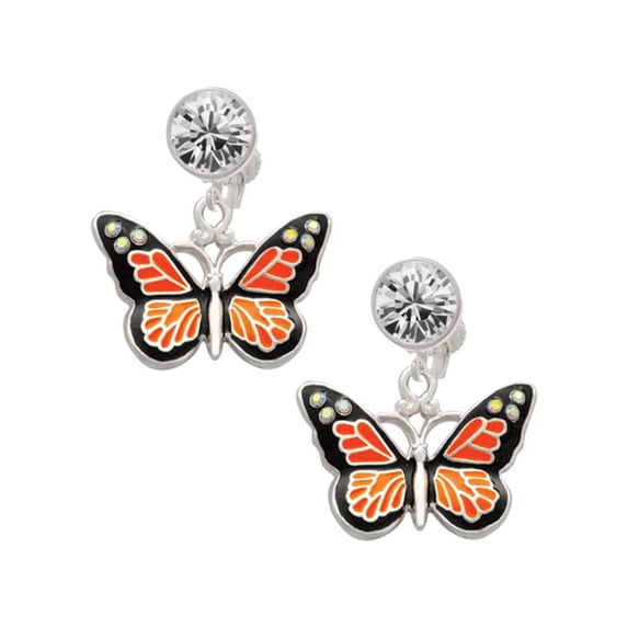 Silvertone Large Monarch Butterfly with 6 AB Crystals Clear Crystal Clip On Earrings