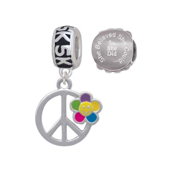 Silvertone Large Multicolored Daisy on Peace Sign 5K Run She Believed She Could Charm Beads (Set of 2)