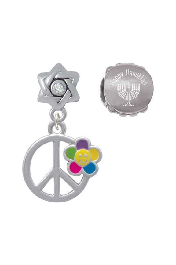 Silvertone Large Multicolored Daisy on Peace Sign Happy Hanukkah Charm Beads (Set of 2)