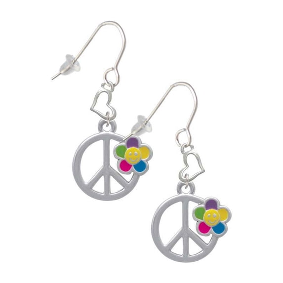 Silvertone Large Multicolored Daisy on Peace Sign Heart French Earrings