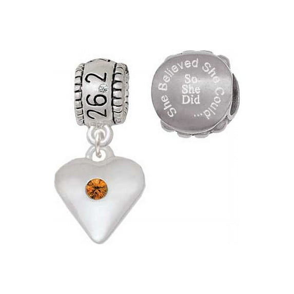 Silvertone Large November - Yellow Crystal Heart 26.2 Marathon Run She Believed She Could Charm Beads (Set of 2)