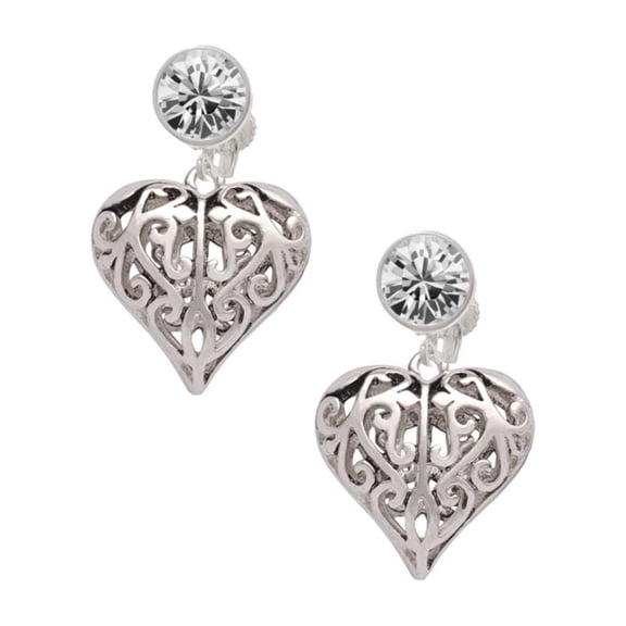 Silvertone Large Open Filigree Heart Clear Crystal Clip On Earrings