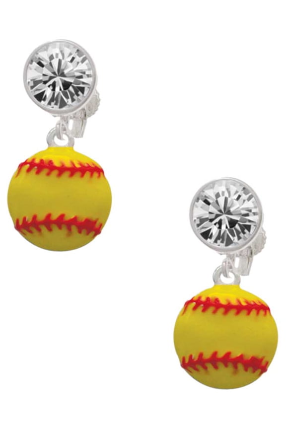 Silvertone Large Optic Yellow Softball Clear Crystal Clip On Earrings