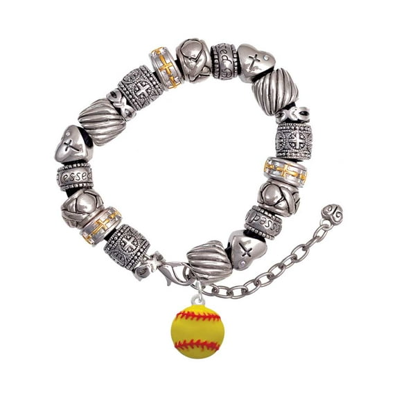 Silvertone Large Optic Yellow Softball Silver Tone Christian Bead Bracelet