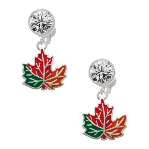Silvertone Large Orange Fall Leaf Clear Crystal Clip On Earrings