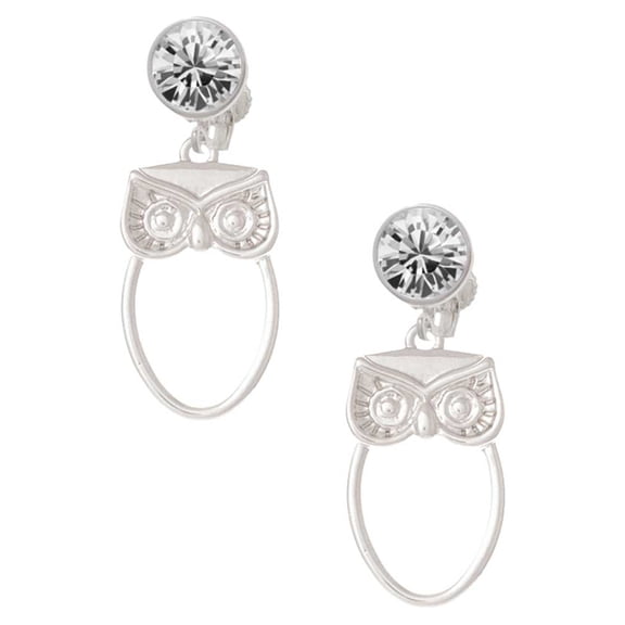 Silvertone Large Owl Outline Clear Crystal Clip On Earrings
