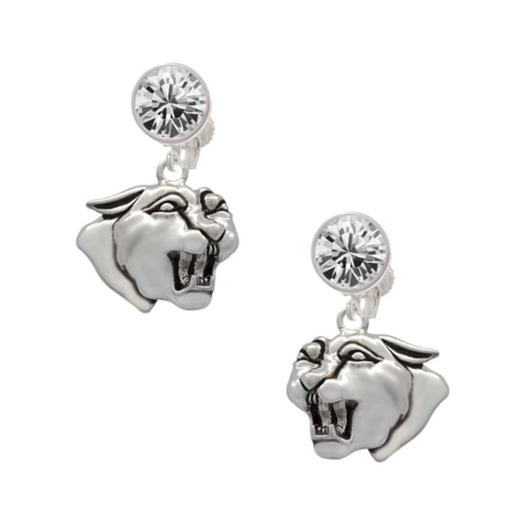 Silvertone Large Panther - Mascot Clear Crystal Clip On Earrings