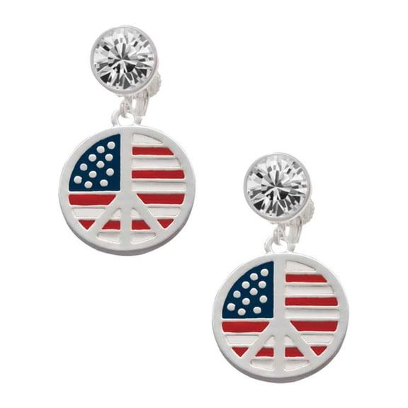 Silvertone Large Peace Sign with USA Flag Clear Crystal Clip On Earrings