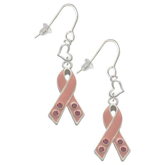 Silvertone Large Pink Ribbon with Crystals Heart French Earrings