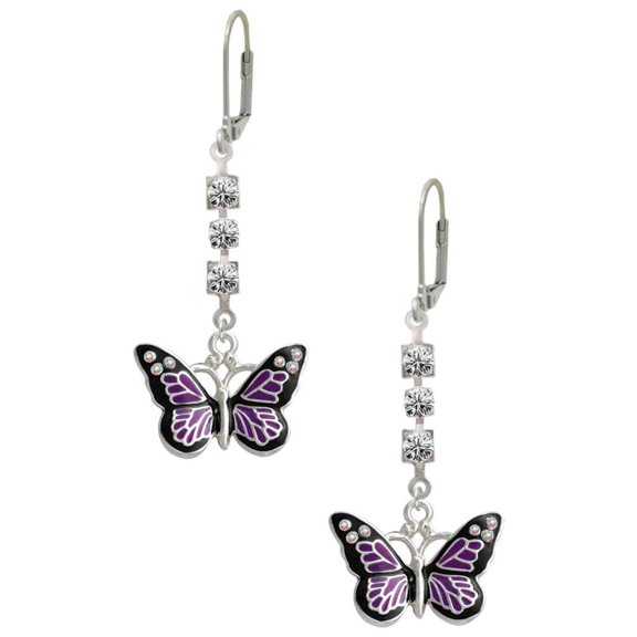 Silvertone Large Purple Butterfly with 6 AB Crystals Crystal Madison Leverback Earrings