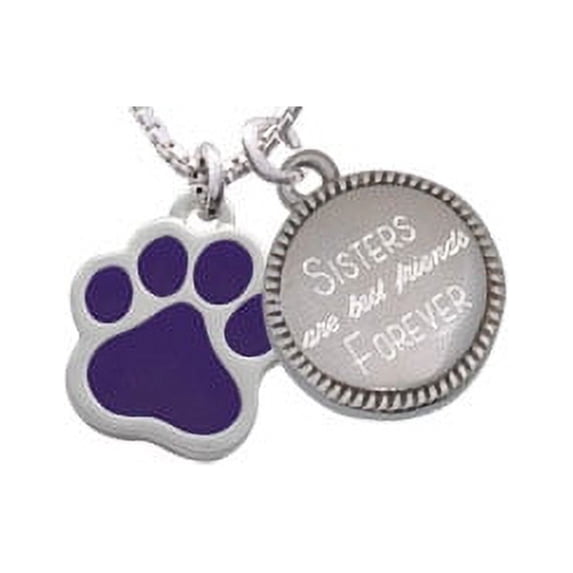 Silvertone Large Purple Paw Sisters Are Best Friends Forever Engraved Necklace