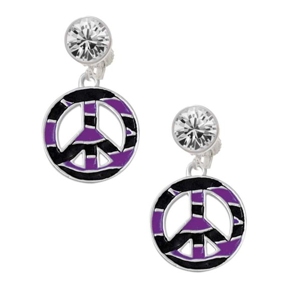 Silvertone Large Purple Tiger Print Peace Sign Clear Crystal Clip On Earrings
