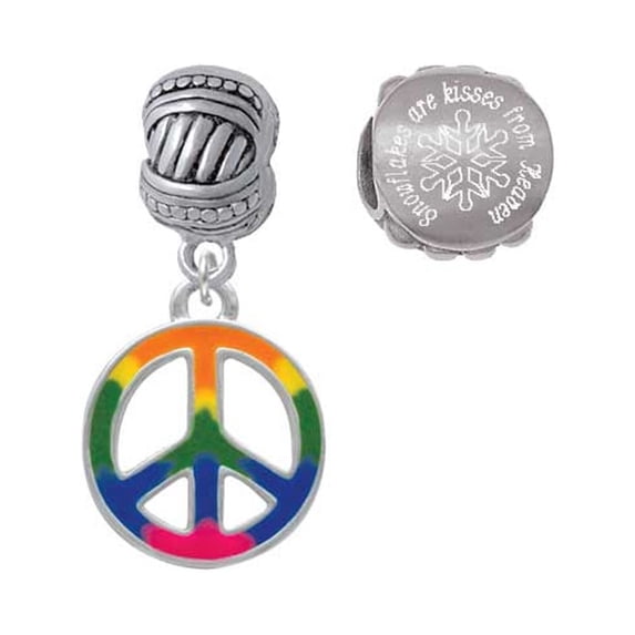 Silvertone Large Rainbow Colored Peace Sign Snowflakes are Kisses from Heaven Charm Beads (Set of 2)