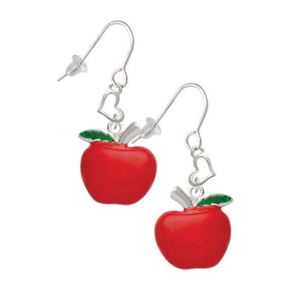 Silvertone Large Red Apple Heart French Earrings