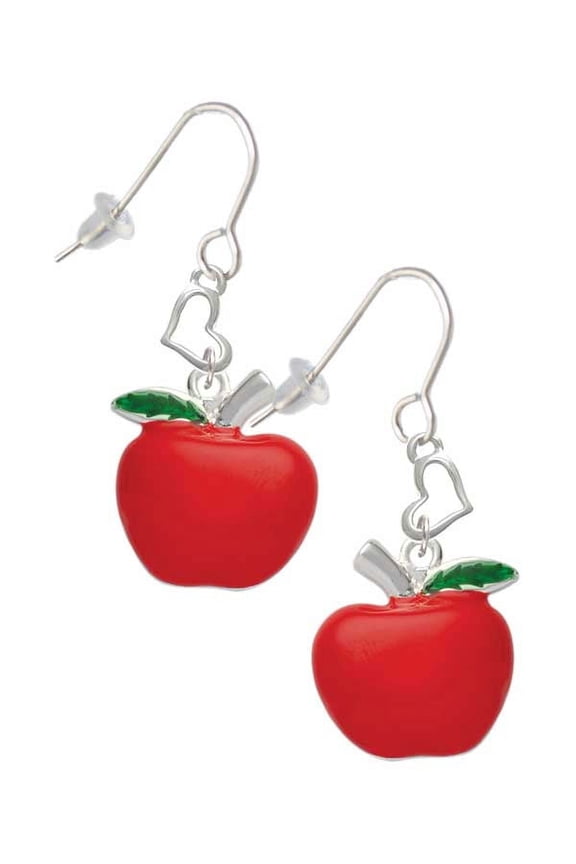 Silvertone Large Red Apple Heart French Earrings