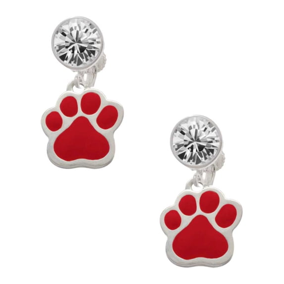 Silvertone Large Red Paw Clear Crystal Clip On Earrings