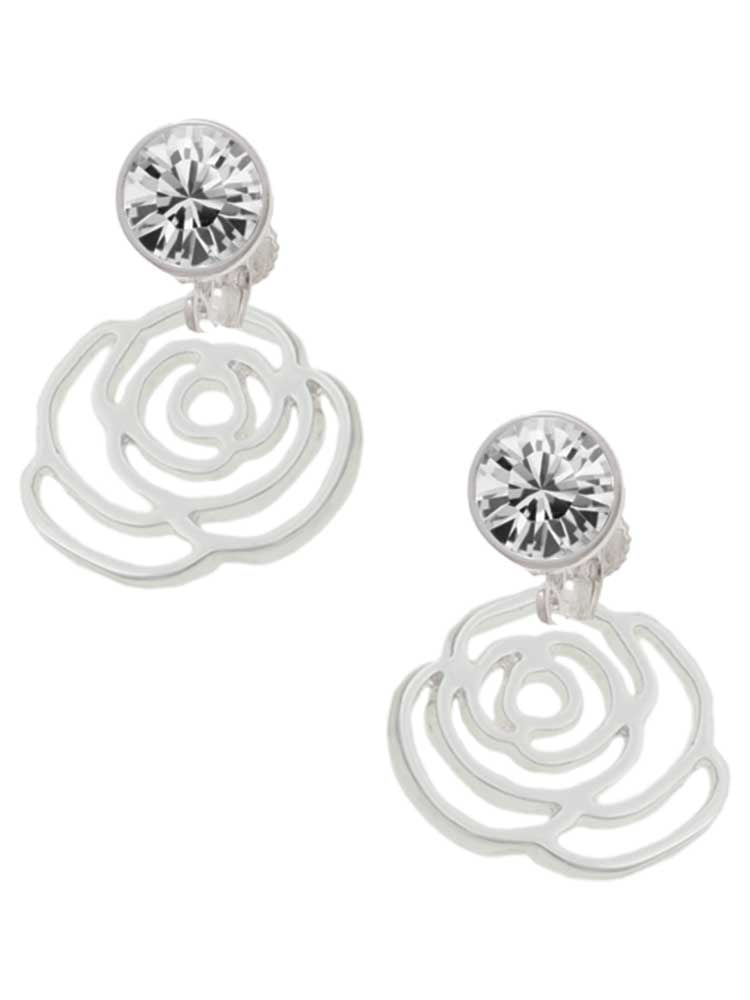 Silvertone Large Rose Outline Clear Crystal Clip On Earrings