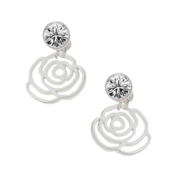 Silvertone Large Rose Outline Clear Crystal Clip On Earrings