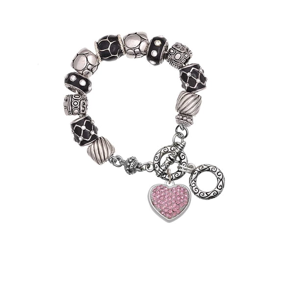 Silvertone Large Rounded Light Pink Oktant Crystal Heart Black Pebble Bead Charm Bracelet