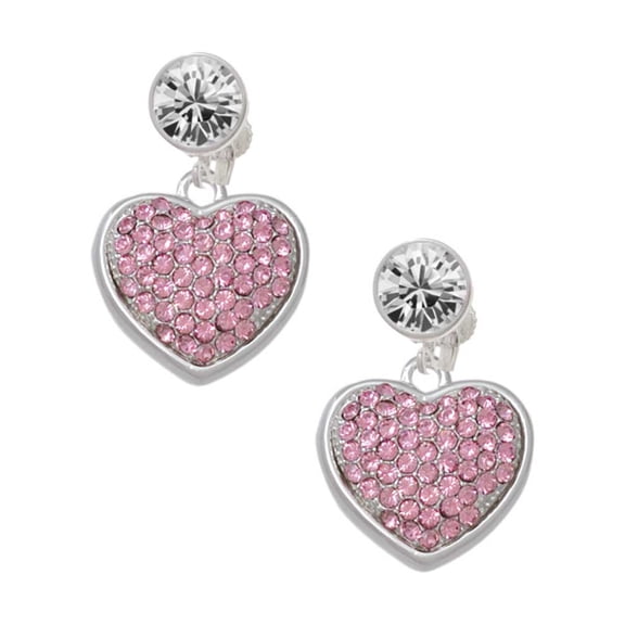 Silvertone Large Rounded Light Pink Oktant Crystal Heart Clear Crystal Clip On Earrings