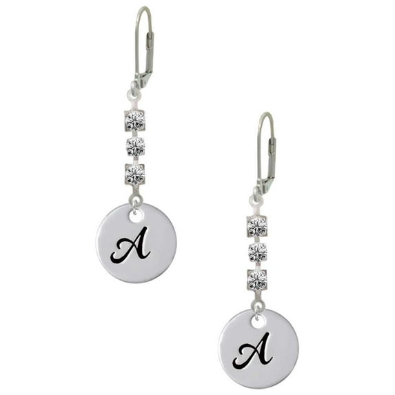 Silvertone Large Script Letter - A - 3/4'' Disc - Crystal Madison Leverback Earrings