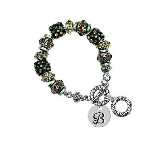 Silvertone Large Script Letter - B - 3/4'' Disc - Fall Crystal Bead Charm Bracelet