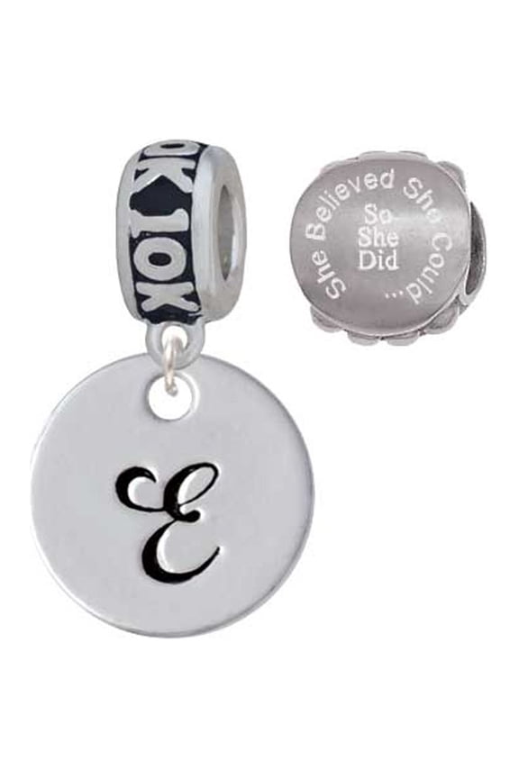 Silvertone Large Script Letter - E - 3/4'' Disc - 10K Run She Believed She Could Charm Beads (Set of 2)