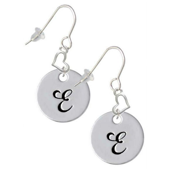 Silvertone Large Script Letter - E - 3/4'' Disc - Heart French Earrings