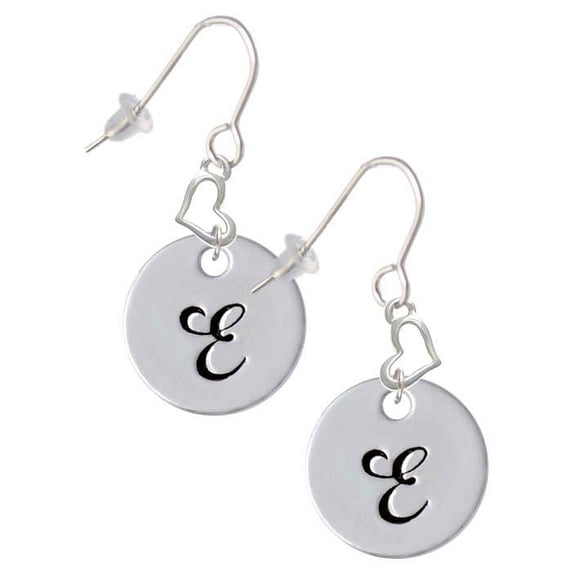 Silvertone Large Script Letter - E - 3/4'' Disc - Heart French Earrings