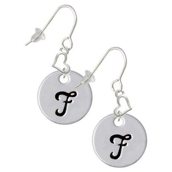 Silvertone Large Script Letter - F - 3/4'' Disc - Heart French Earrings