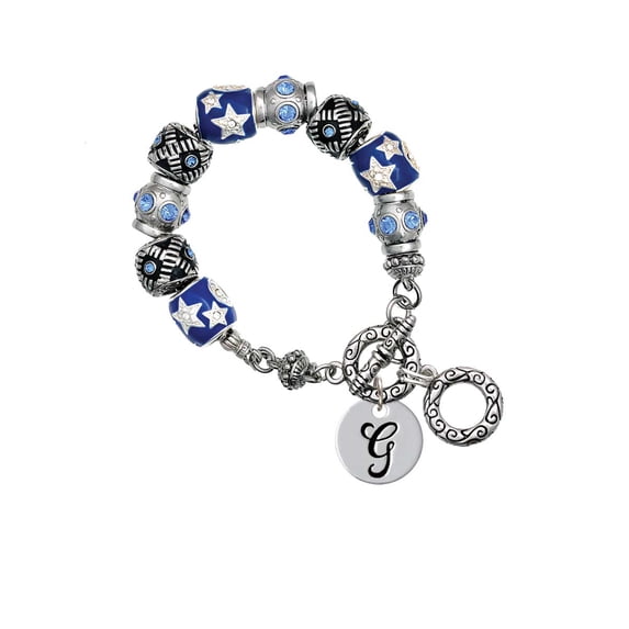 Silvertone Large Script Letter - G - 3/4'' Disc - Blue Moon Bead Charm Bracelet
