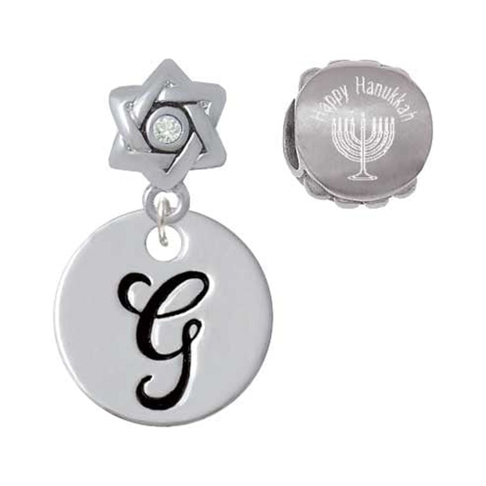 Silvertone Large Script Letter - G - 3/4'' Disc - Happy Hanukkah Charm Beads (Set of 2)