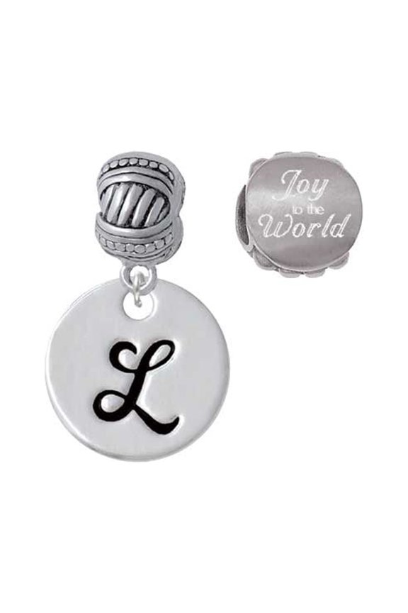 Silvertone Large Script Letter - L - 3/4'' Disc - Joy to the World Charm Beads (Set of 2)