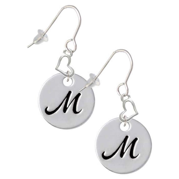 Silvertone Large Script Letter - M - 3/4'' Disc - Heart French Earrings