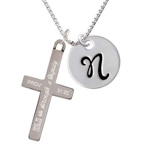 Silvertone Large Script Letter - N - 3/4'' Disc - Strength and Dignity - Cross Necklace