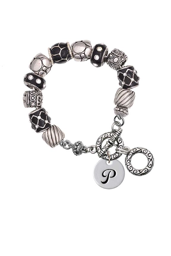 Silvertone Large Script Letter - P - 3/4'' Disc - Black Pebble Bead Charm Bracelet