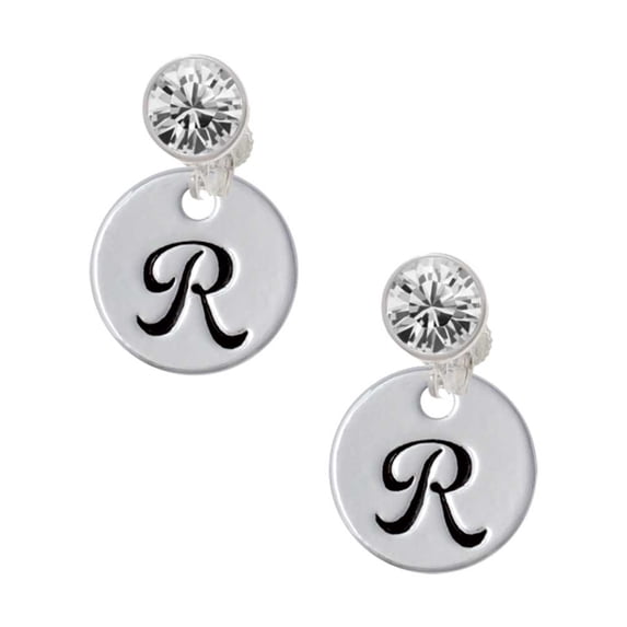 Silvertone Large Script Letter - R - 3/4'' Disc - Clear Crystal Clip On Earrings