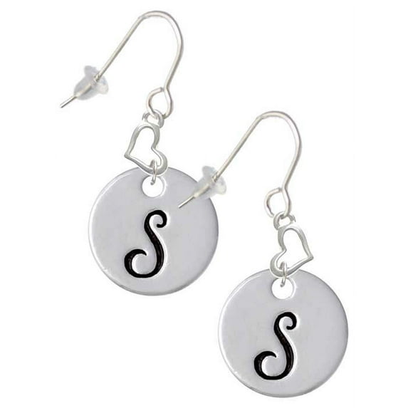 Silvertone Large Script Letter - S - 3/4'' Disc - Heart French Earrings