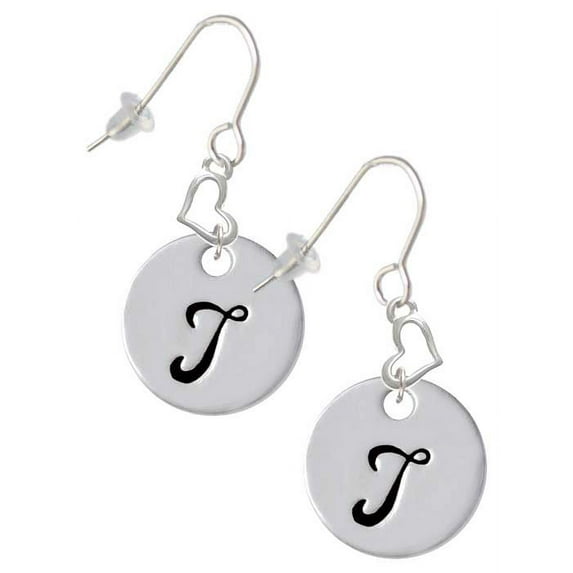 Silvertone Large Script Letter - T - 3/4'' Disc - Heart French Earrings