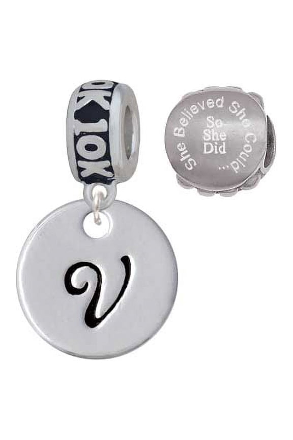 Silvertone Large Script Letter - V - 3/4'' Disc - 10K Run She Believed She Could Charm Beads (Set of 2)