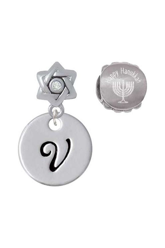 Silvertone Large Script Letter - V - 3/4'' Disc - Happy Hanukkah Charm Beads (Set of 2)