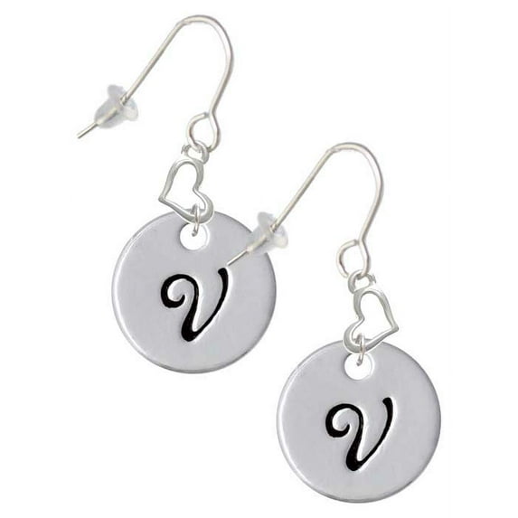 Silvertone Large Script Letter - V - 3/4'' Disc - Heart French Earrings