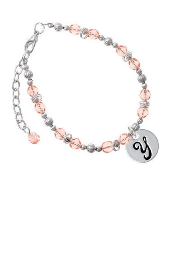 Silvertone Large Script Letter - Y - 3/4'' Disc - Pink Beaded Bracelet