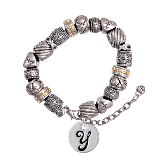 Silvertone Large Script Letter - Y - 3/4'' Disc - Silver Tone Christian Bead Bracelet