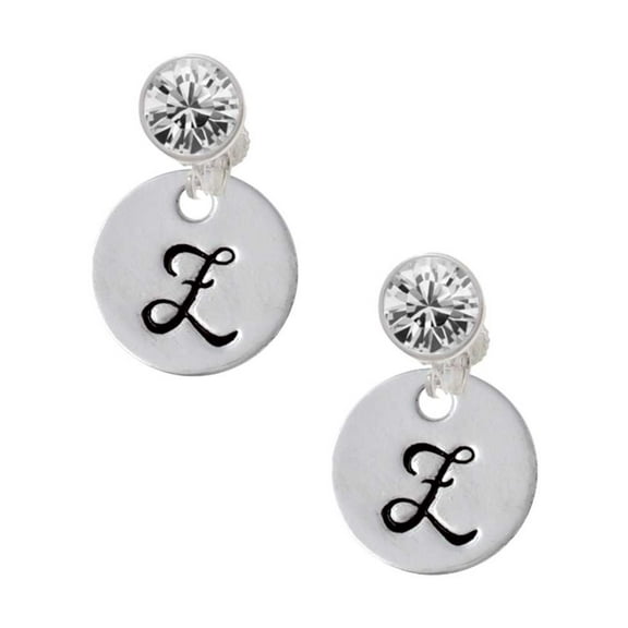 Silvertone Large Script Letter - Z - 3/4'' Disc - Clear Crystal Clip On Earrings