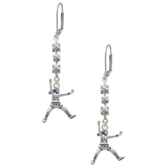 Silvertone Large Softball Pitcher Crystal Madison Leverback Earrings