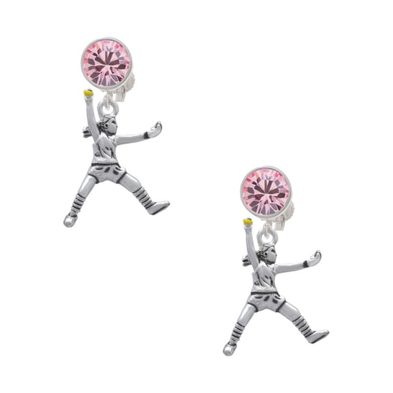 Delight Jewelry Silvertone Large Softball Pitcher Pink Crystal Clip on Earrings
